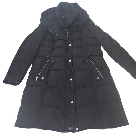 DKNY Winter Puffer Coat Black Hooded Large Knee Length Double Pockets Bib Front - Picture 2 of 15